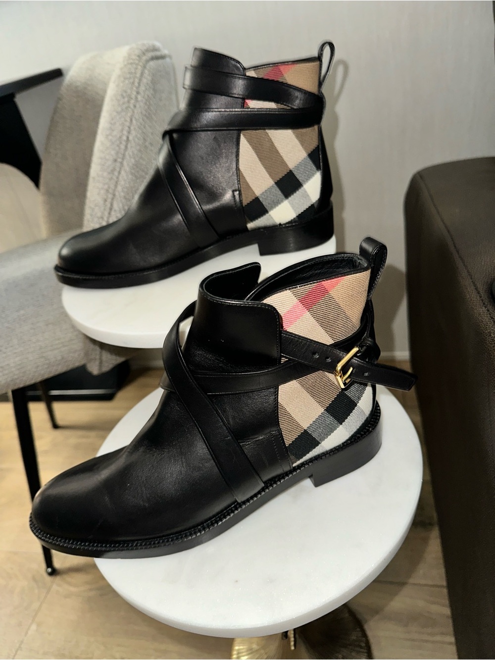 Burberry Black Leather Ankle Boots with Vintage Check Panel